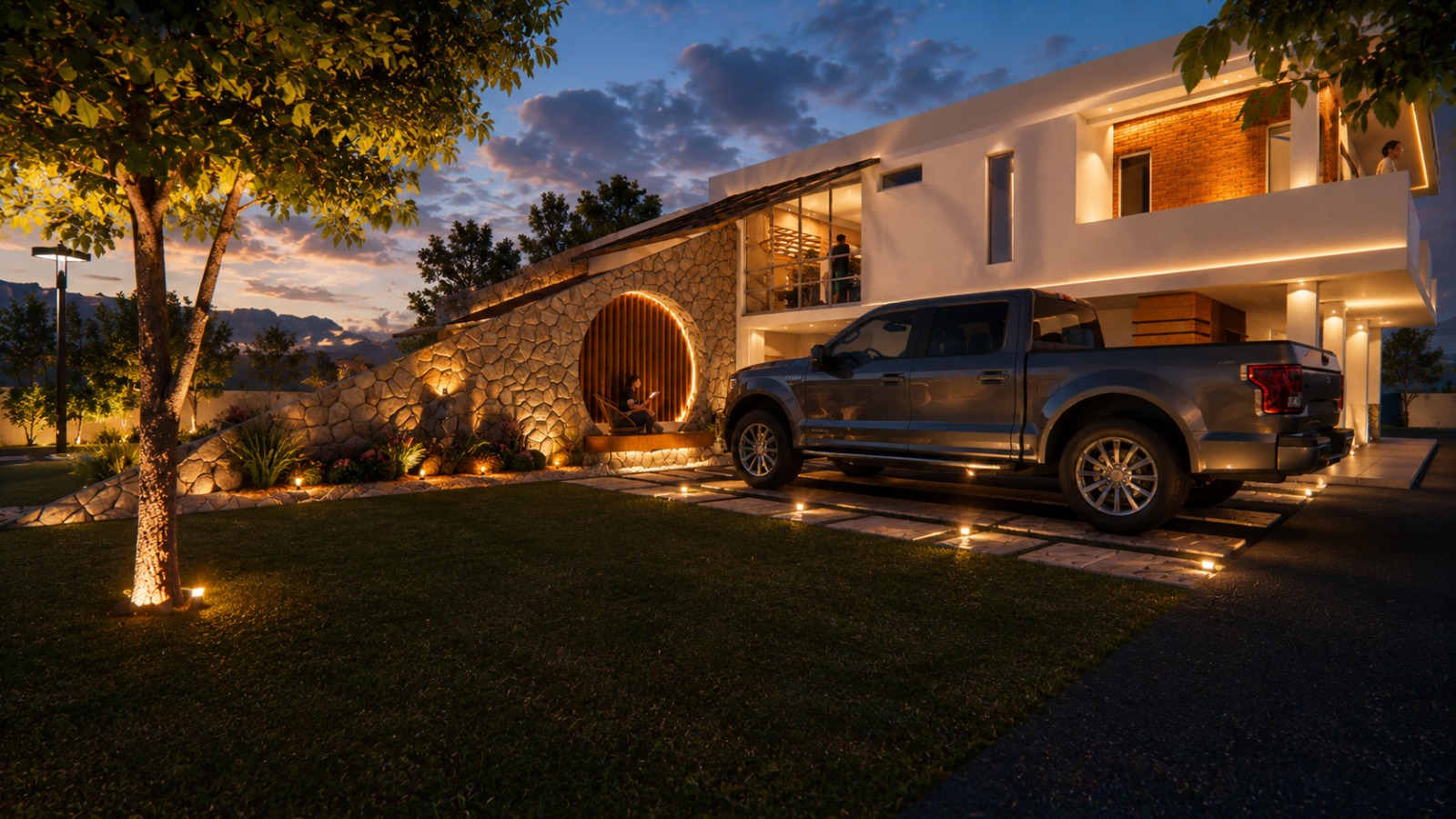 Vivienda campestre iluminada al atardecer construida por Navaldi Ingeniería